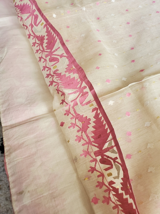 Elegant Pink & Cream Pure Cotton Dhakai Jamdani Saree Handloom Mint Condition main image 7